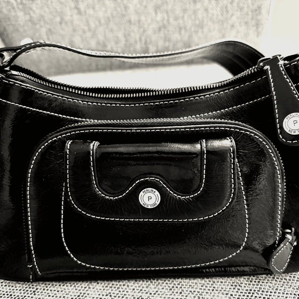 Perlina Shoulder Bag with Organizer Pocket in Black Patent Leather